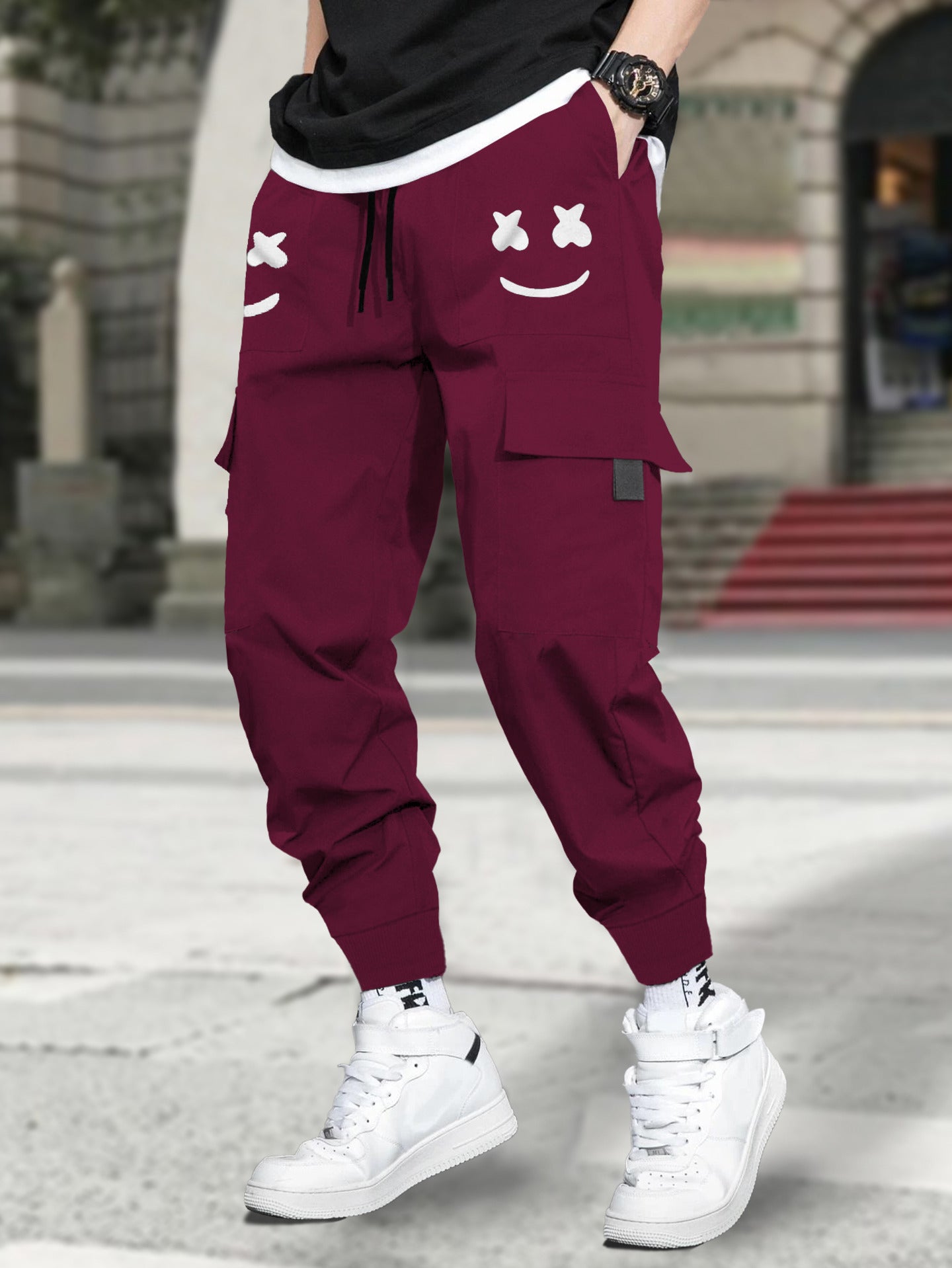 Marshmallow Printed Maroon Cargo Joggers