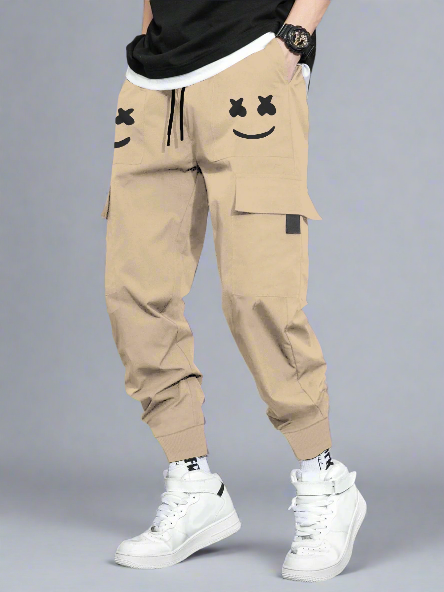 Marshmallow Printed Beige Cargo Joggers
