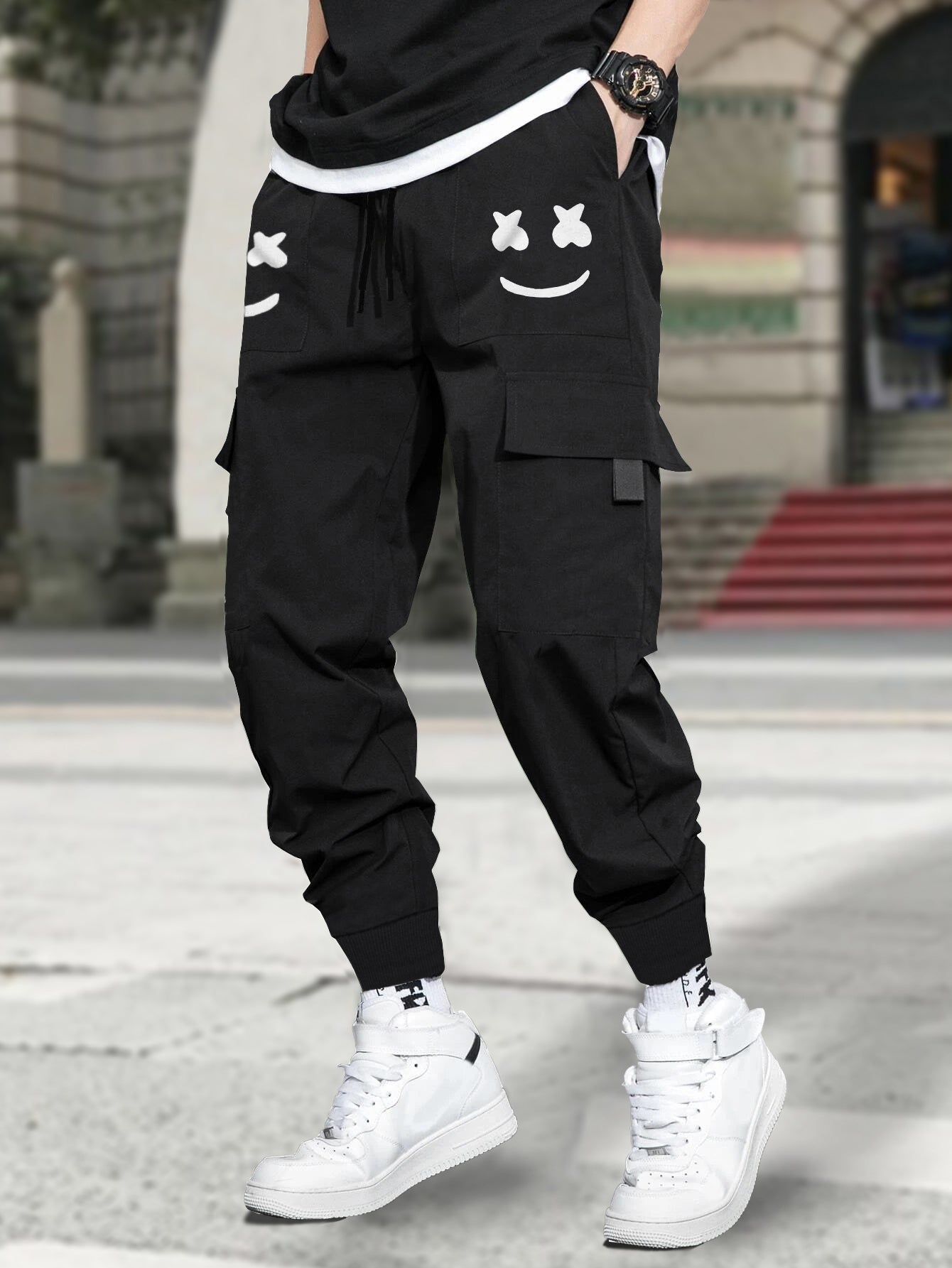 Marshmallow Printed Black Cargo Joggers