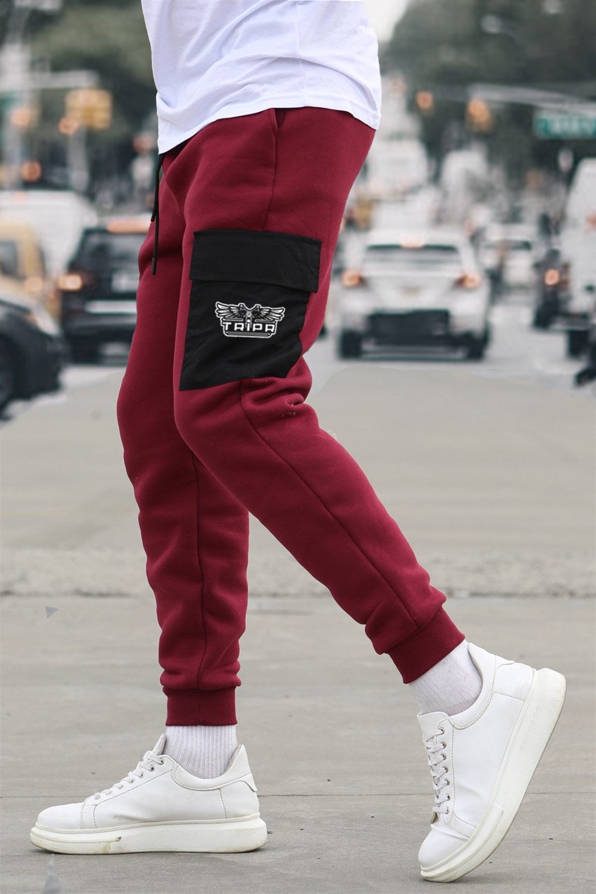 Maroon Black Cargo Joggers with Logo Print
