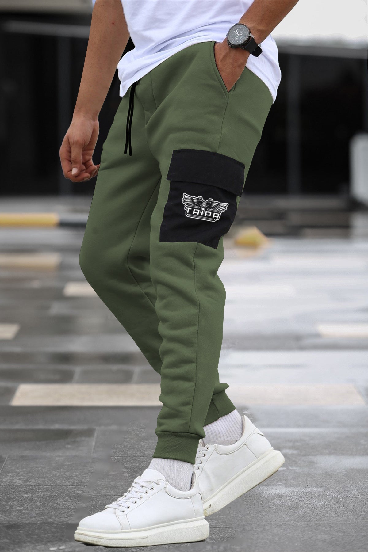Olive Green Black Cargo Joggers with Logo Print