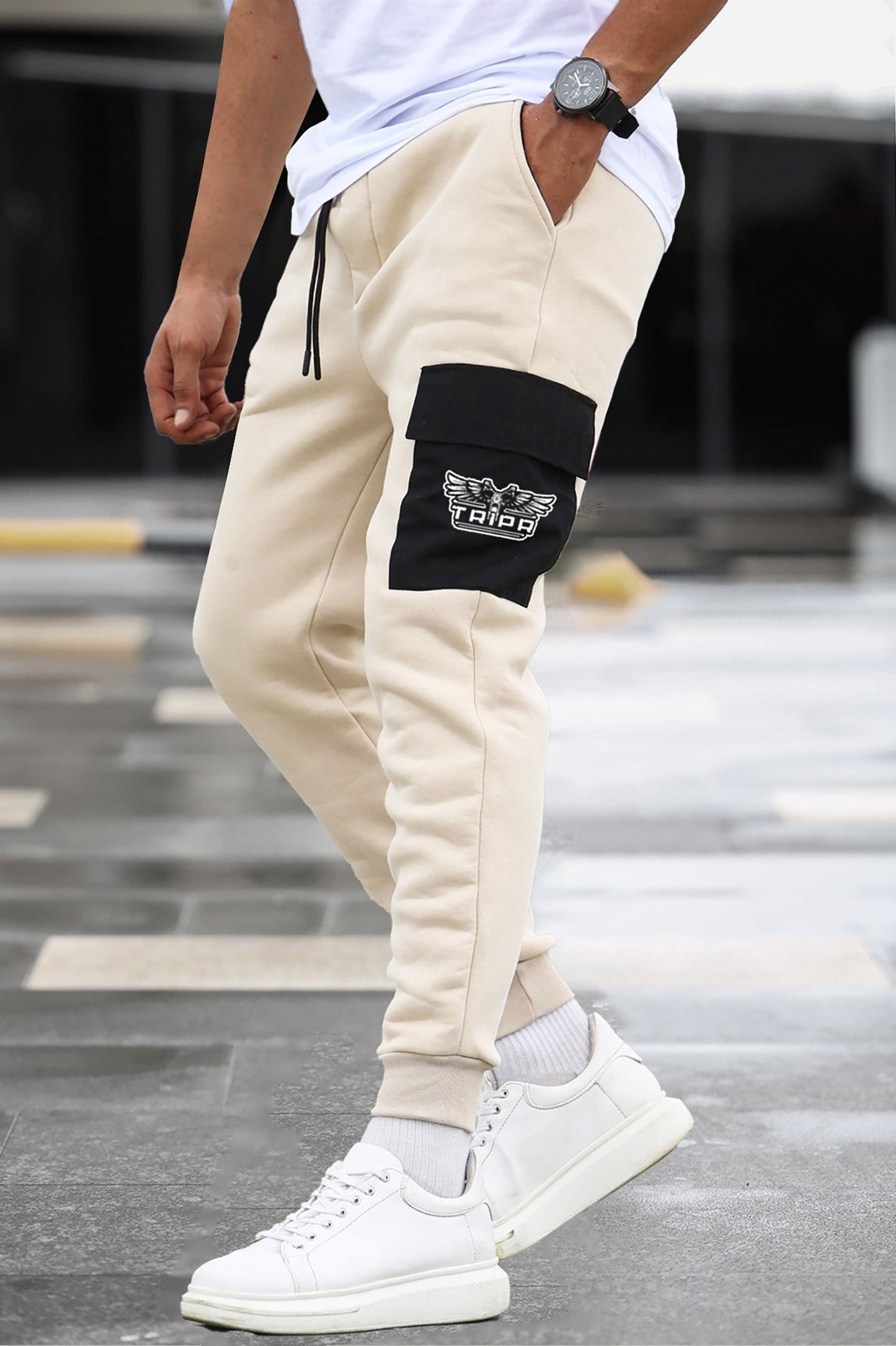 Beige Black Cargo Joggers with Logo Print