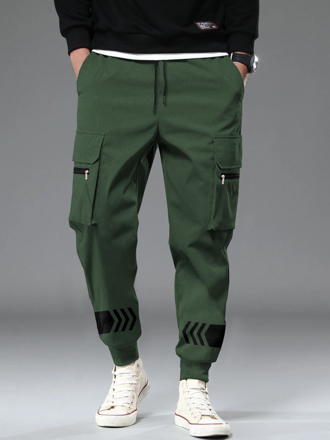 Olive Green Printed Cargo Joggers with Multi Pockets