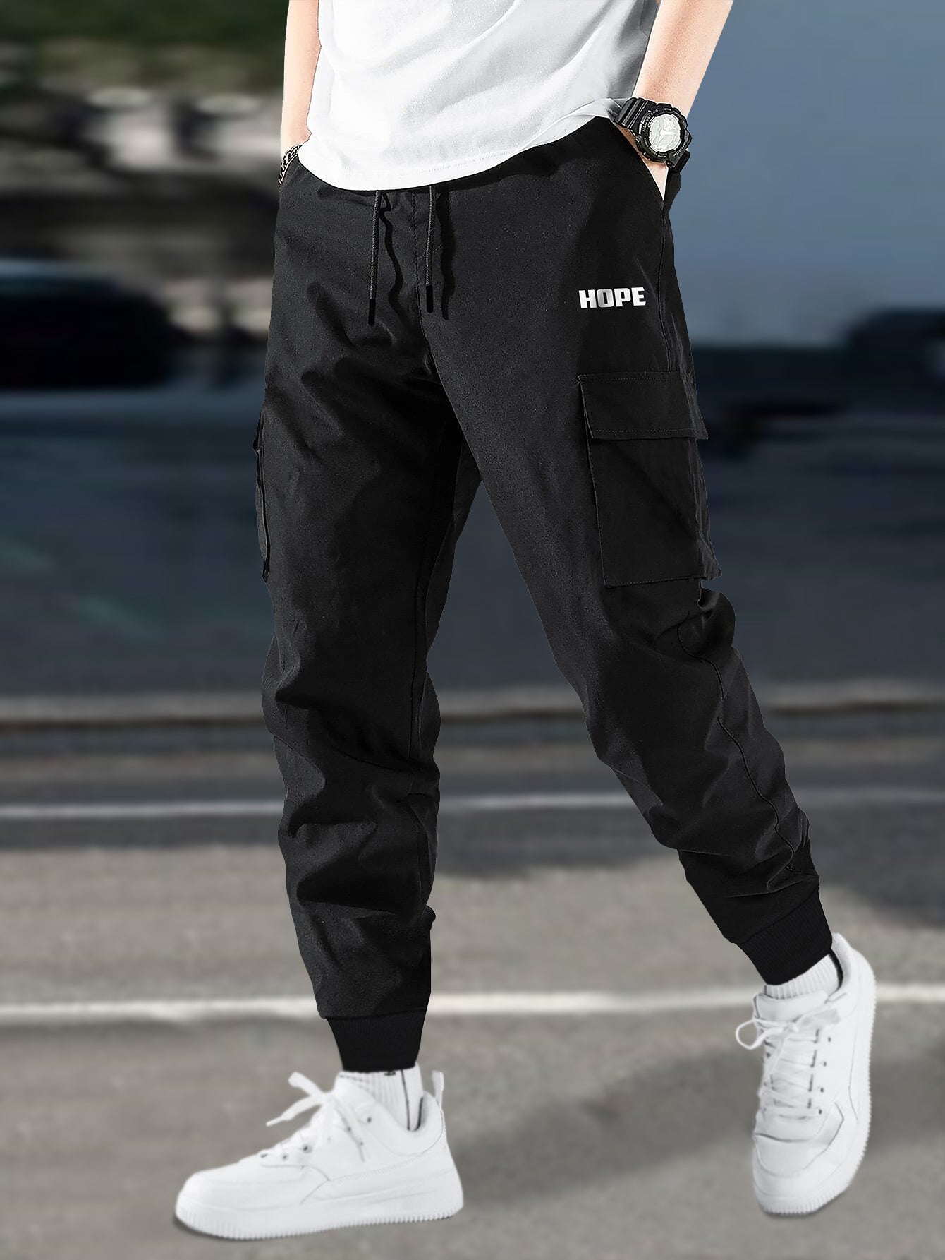 Solid Black Cargo Joggers with Hope Design