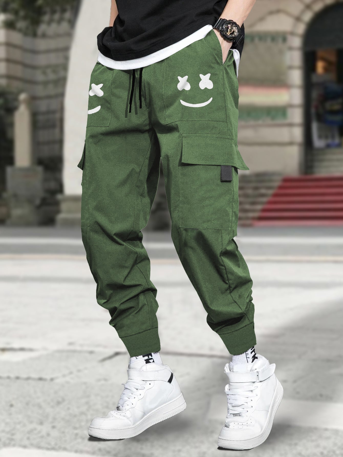 Olive Green Marshmallow Printed Cargo Joggers
