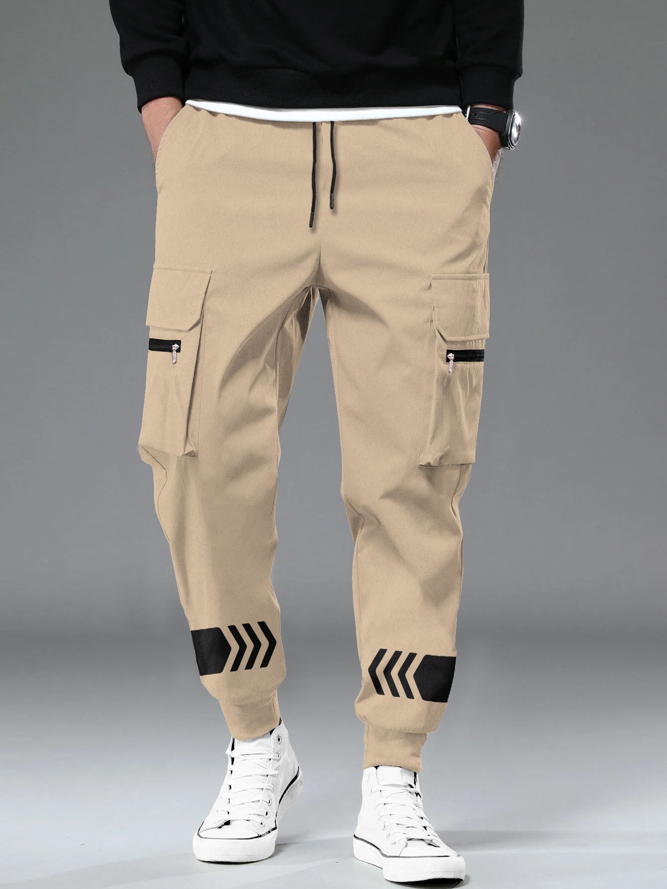 Beige Printed Cargo Joggers with Multi Pockets