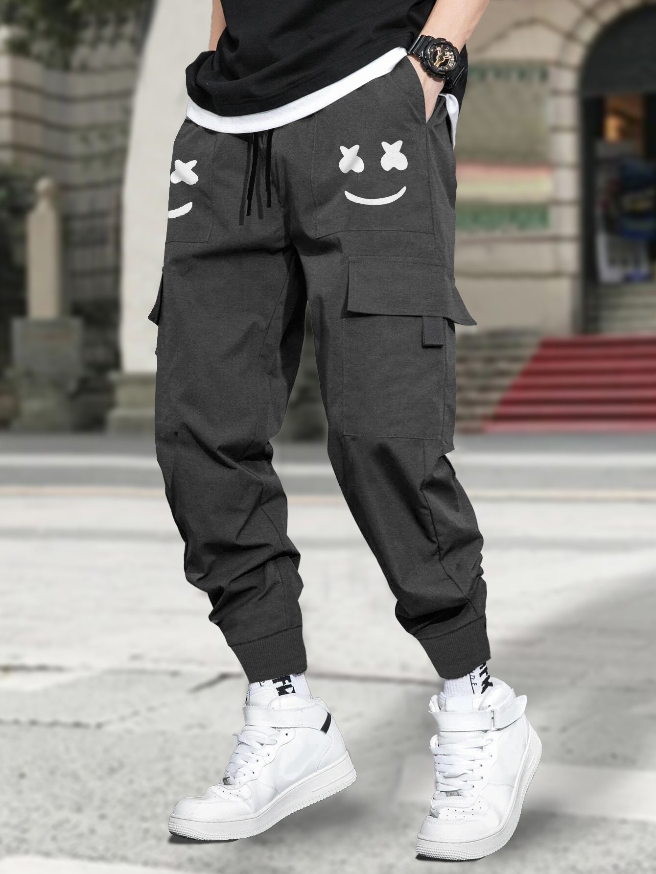 Marshmallow Printed Charcoal Black Cargo Joggers