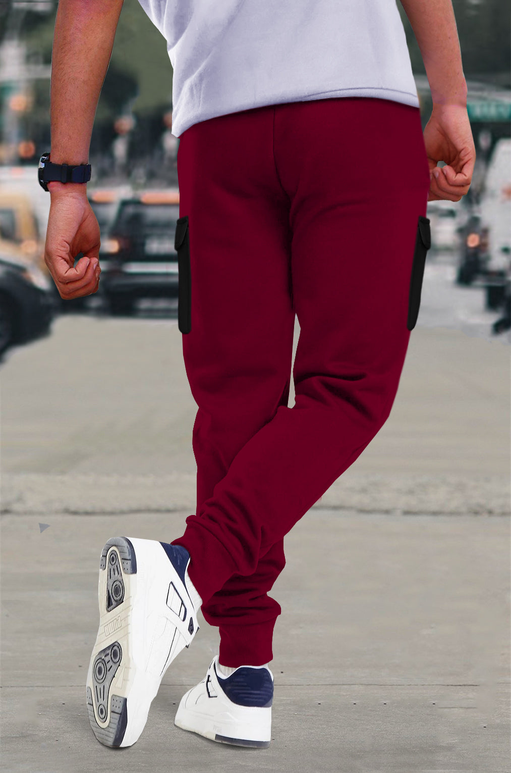 Maroon Black Cargo Joggers with Logo Print