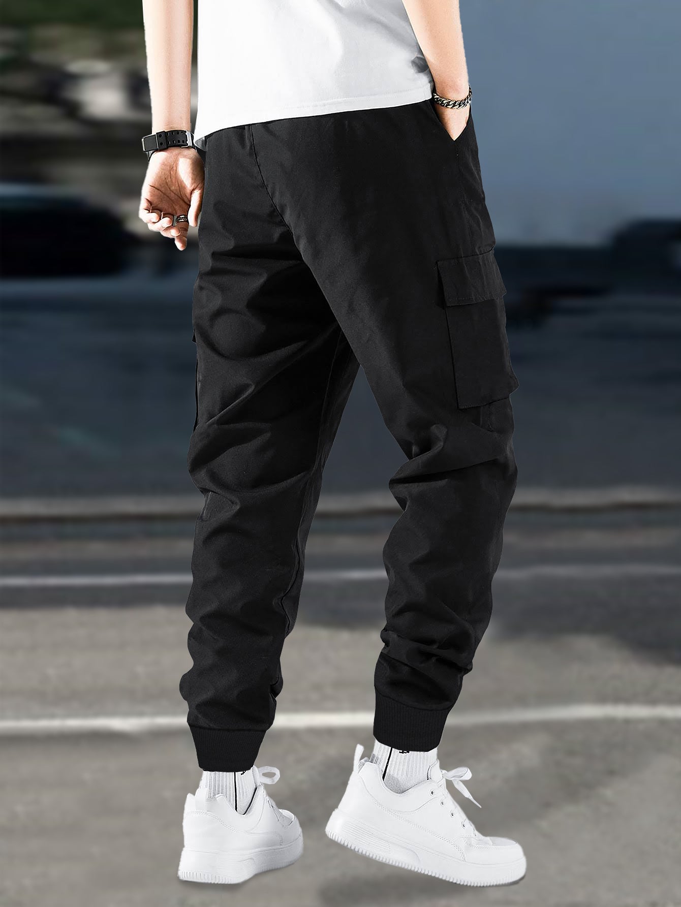 Solid Black Cargo Joggers with Hope Design
