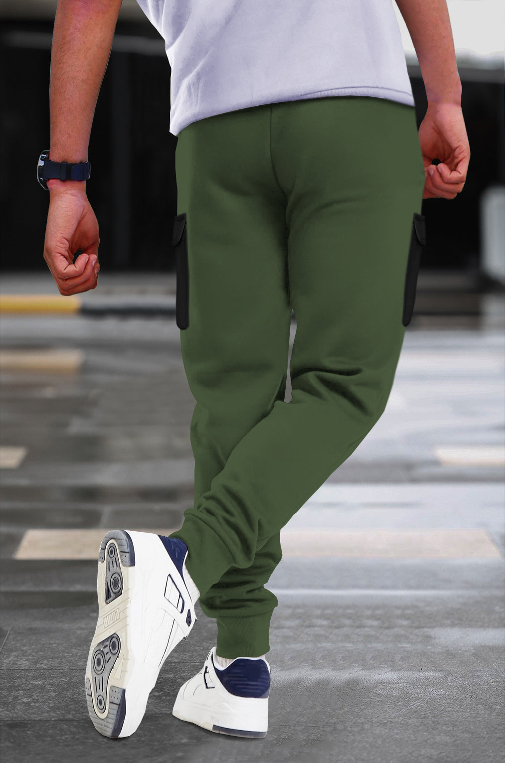 Olive Green Black Cargo Joggers with Logo Print