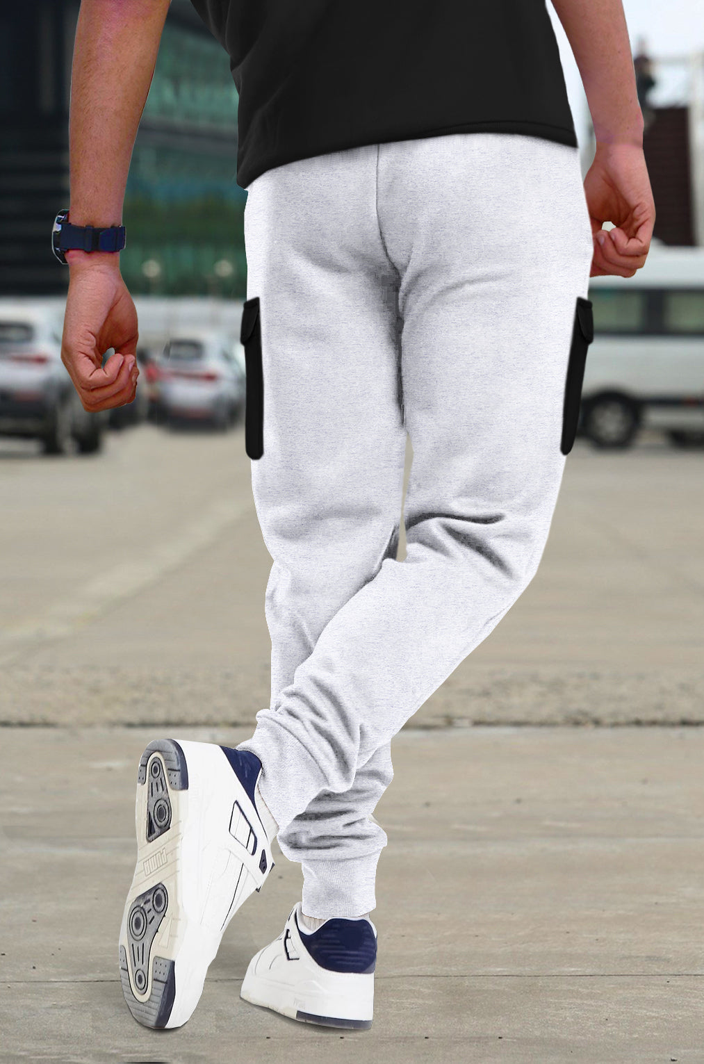 White Black Cargo Joggers with Logo Print