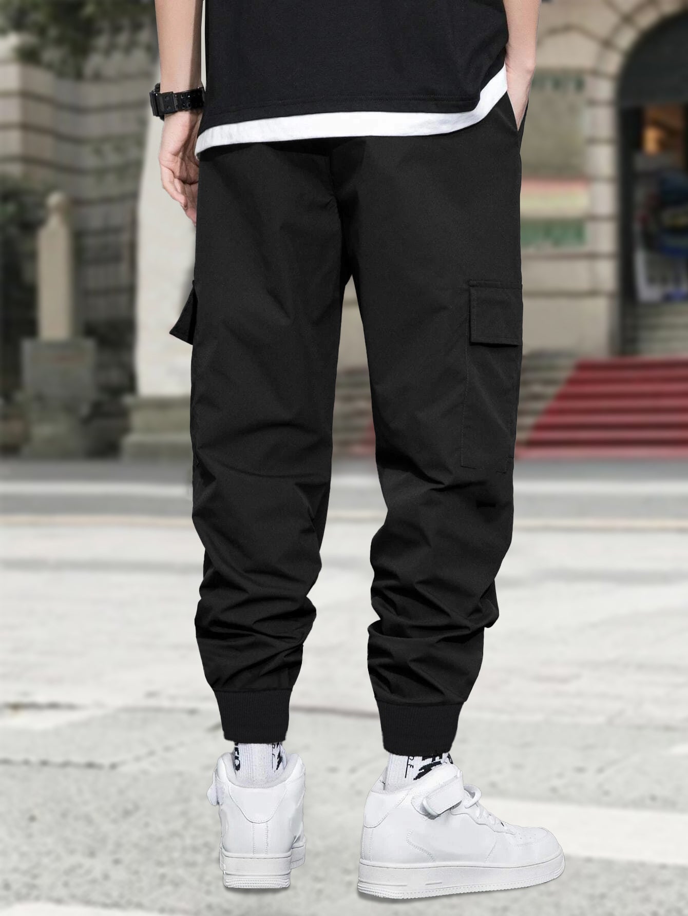 Marshmallow Printed Black Cargo Joggers