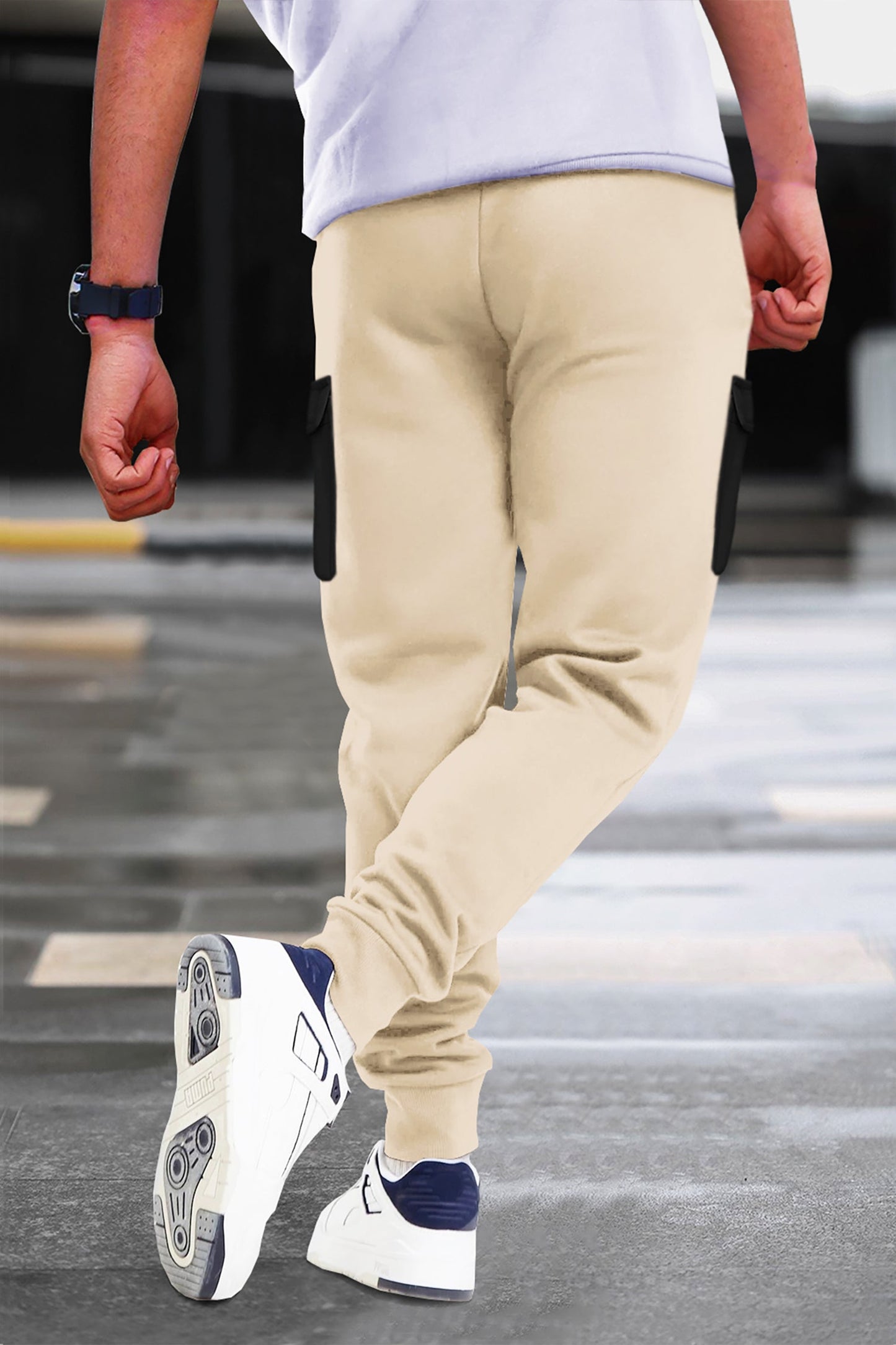 Beige Black Cargo Joggers with Logo Print