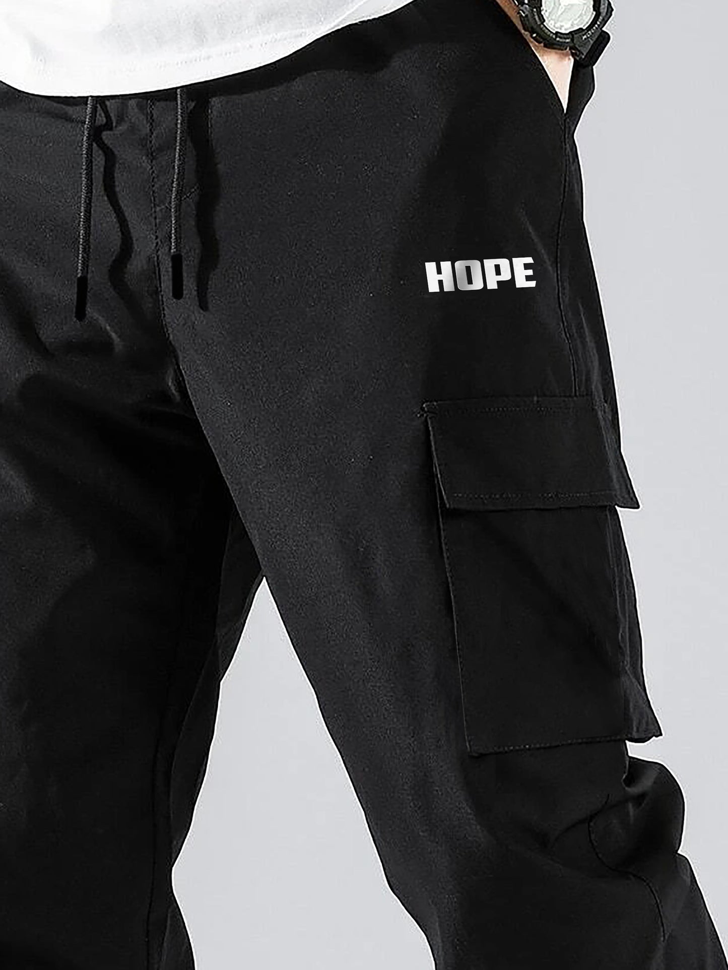 Solid Black Cargo Joggers with Hope Design