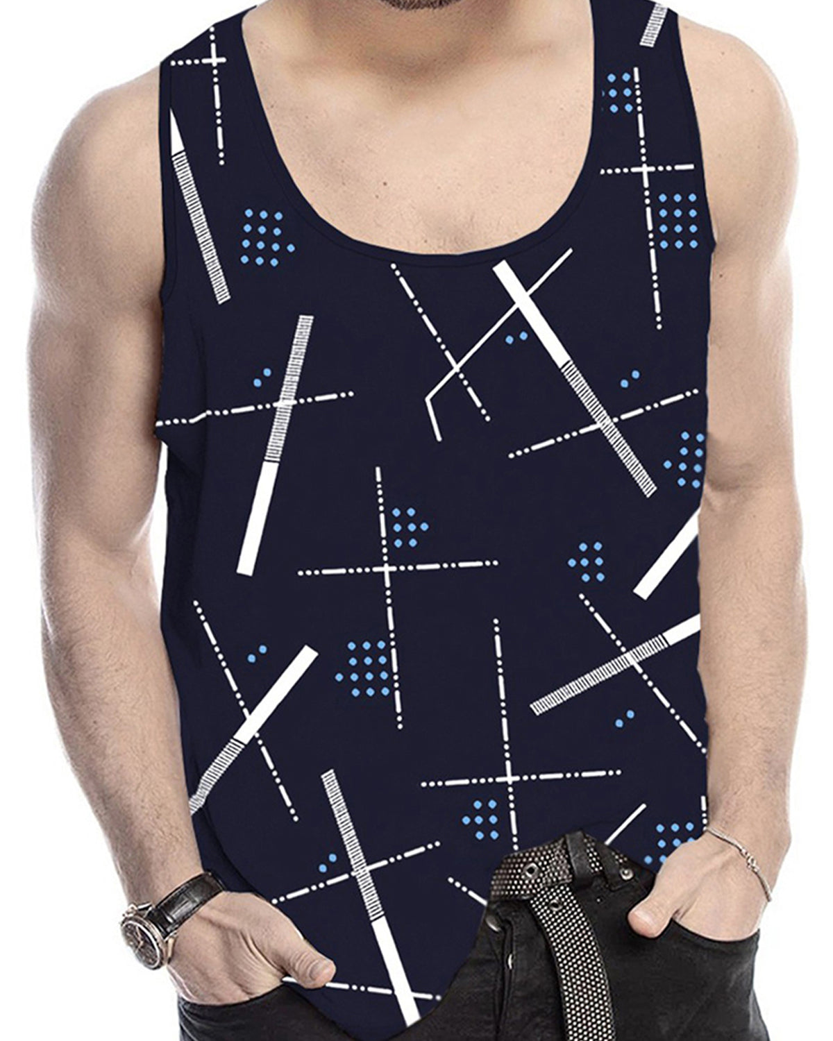 Dark Blue Abstract Printed Sleeveless Vest