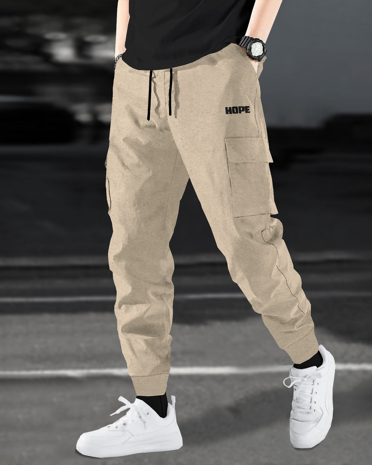 Solid Beige Cargo Joggers with Hope Design