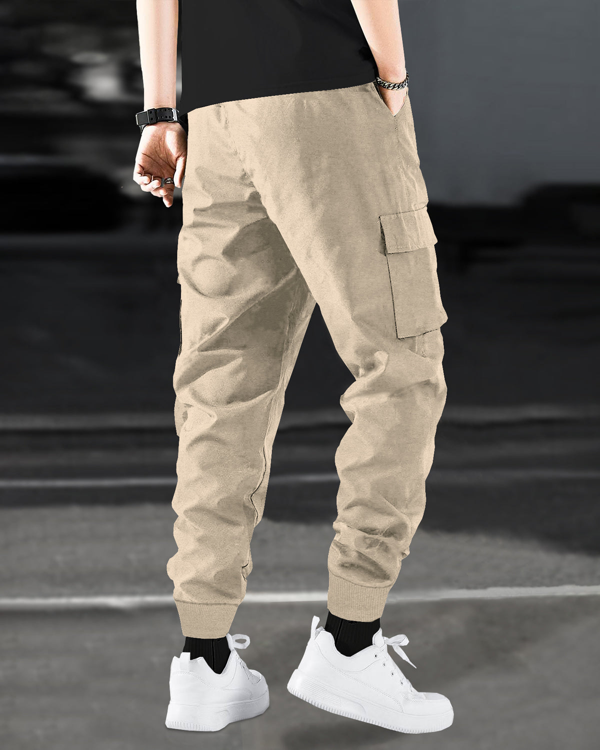 Solid Beige Cargo Joggers with Hope Design