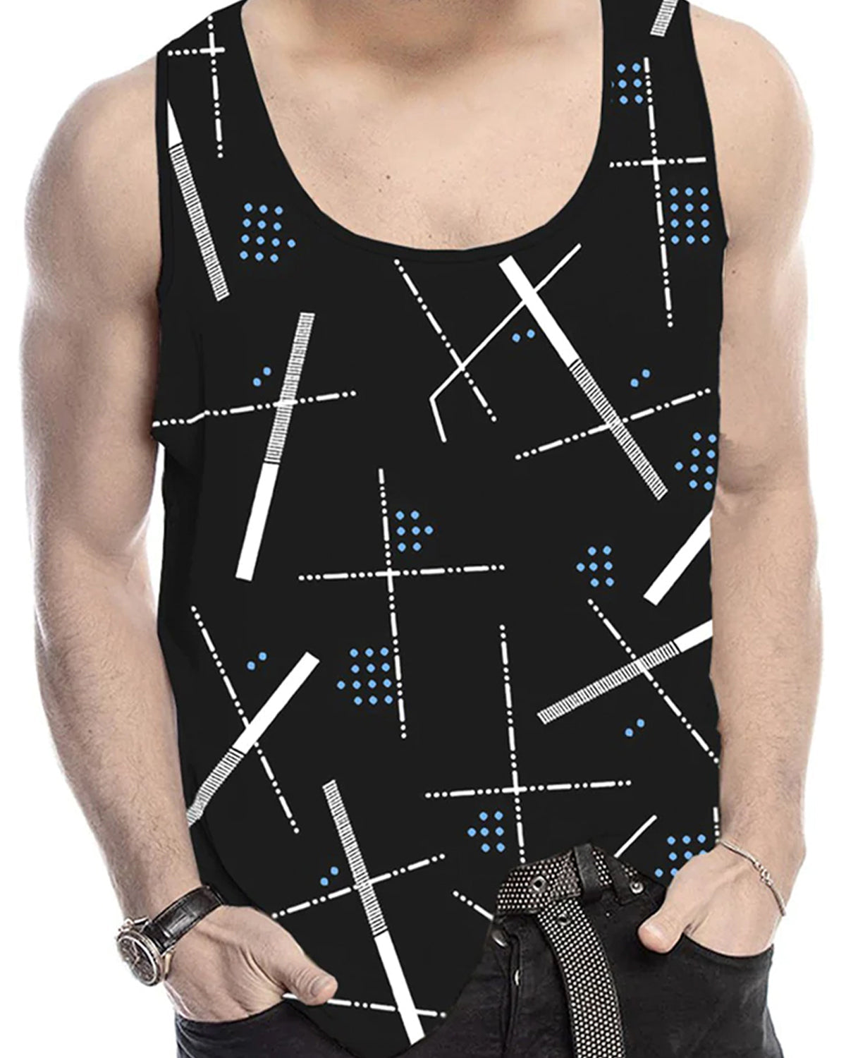 Black Sleeveless Abstract Print Vest