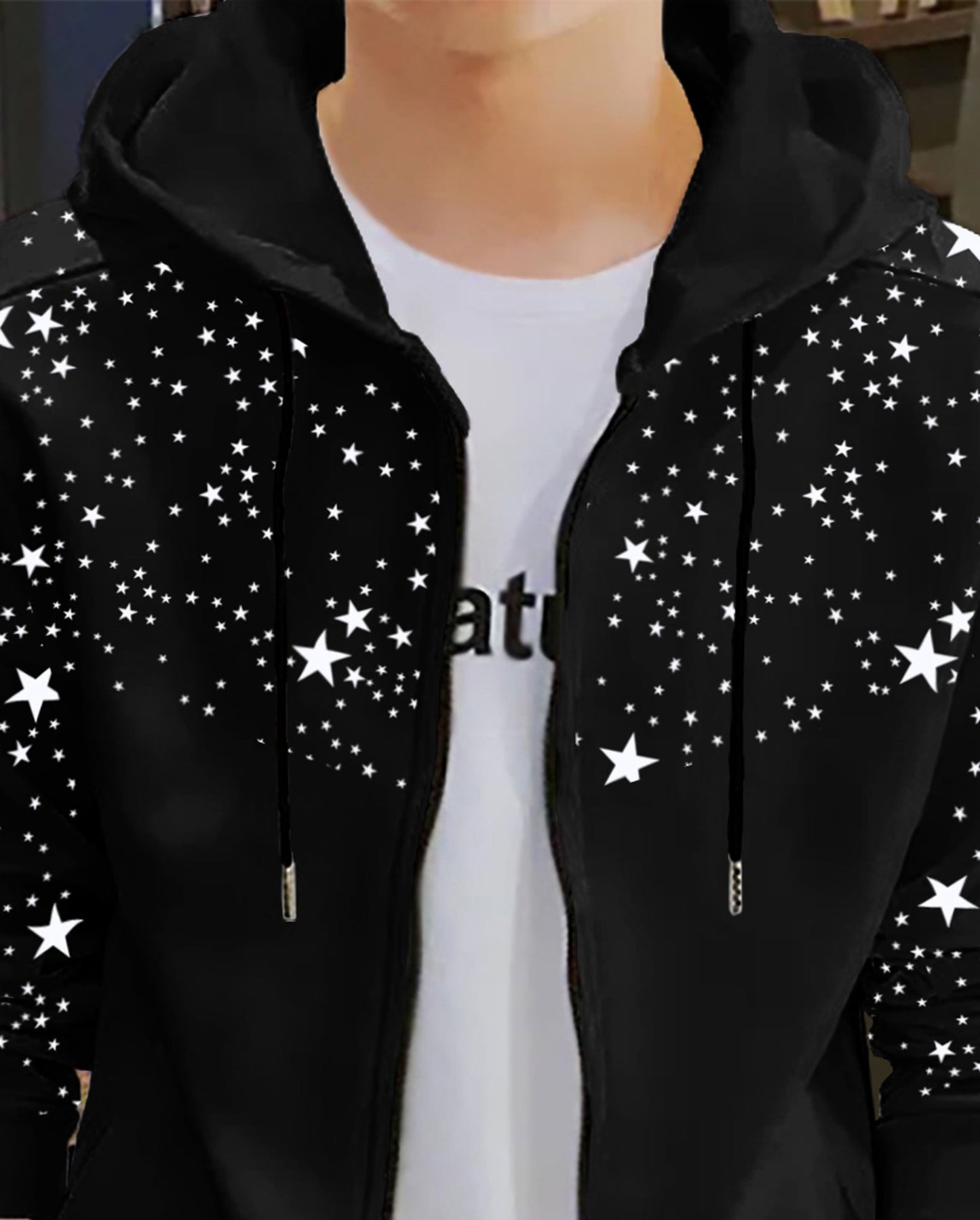 Black Hoodie Jacket with Star Print
