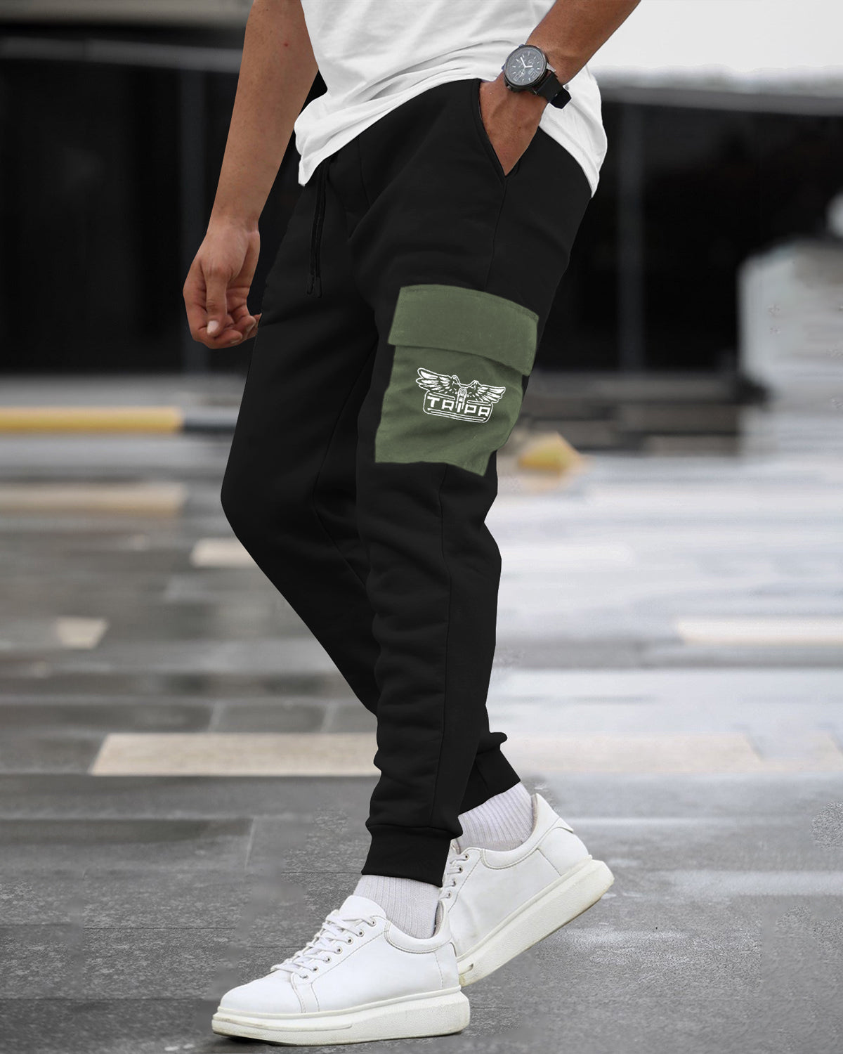 Black Cargo Joggers with Logo Print