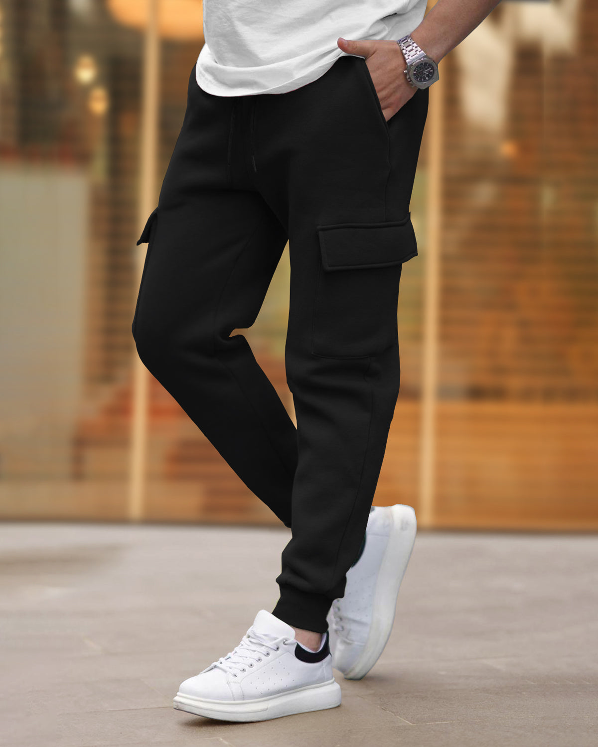 Black Plain Cargo Joggers with Multi Pockets