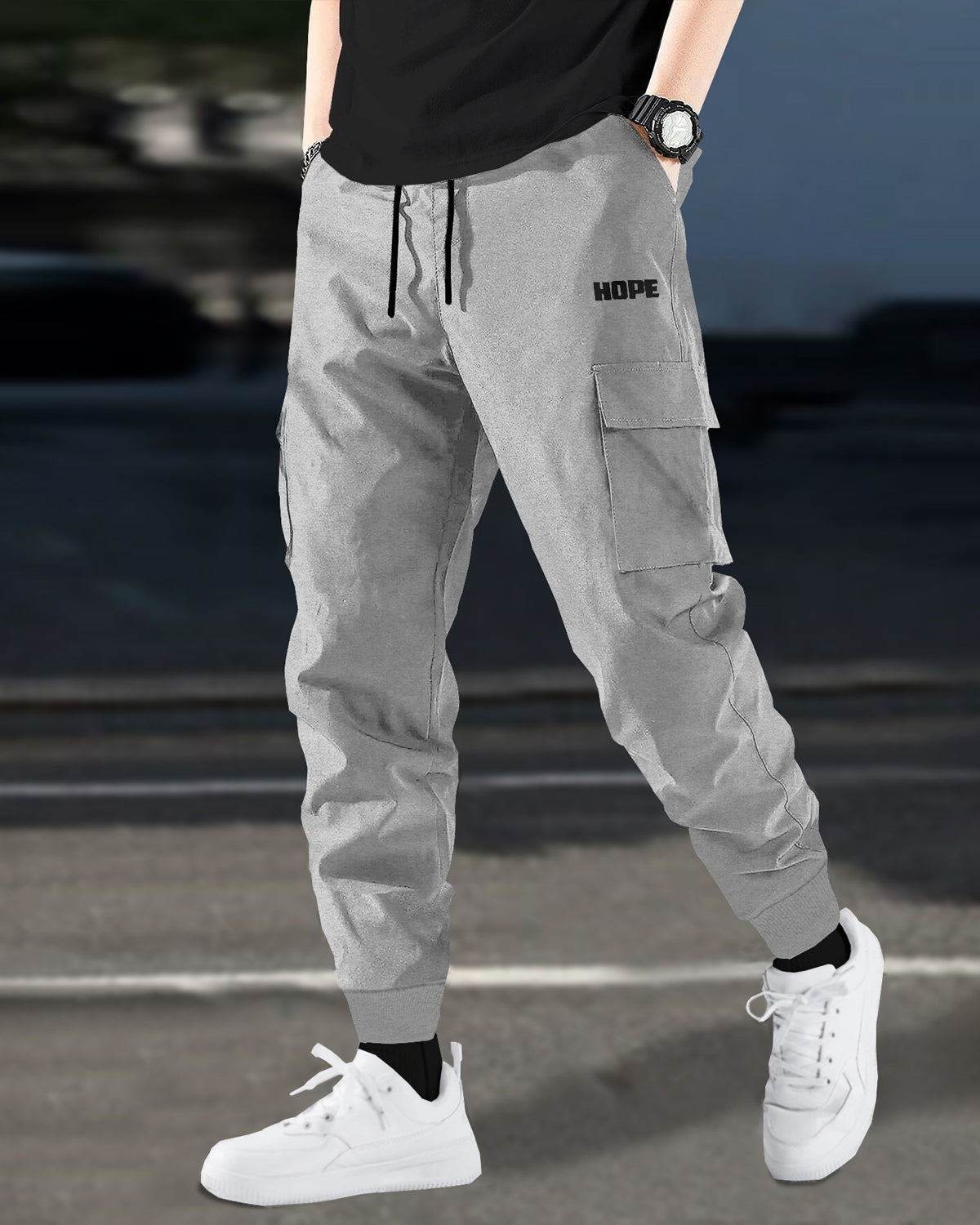 Solid Grey Cargo Joggers with Hope Design