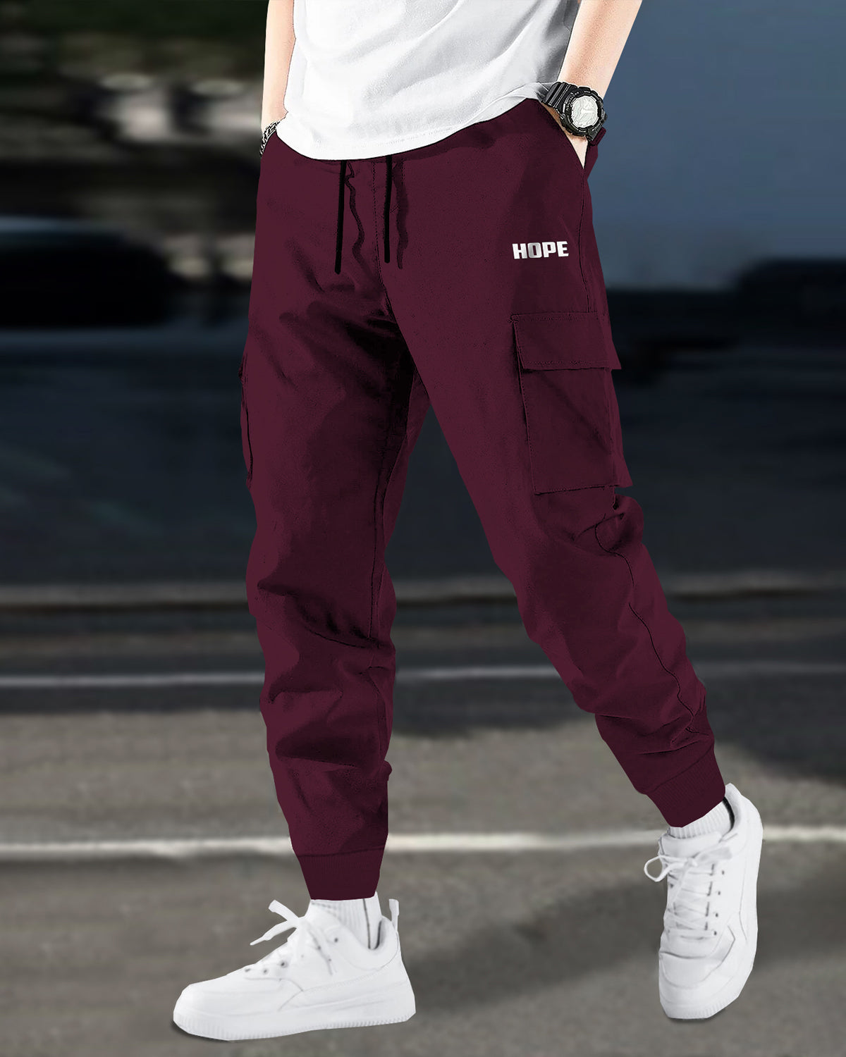 Solid Maroon Cargo Joggers with Designer