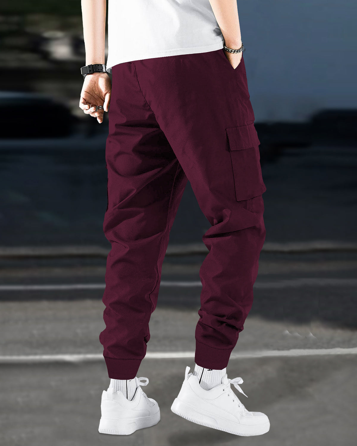 Solid Maroon Cargo Joggers with Designer