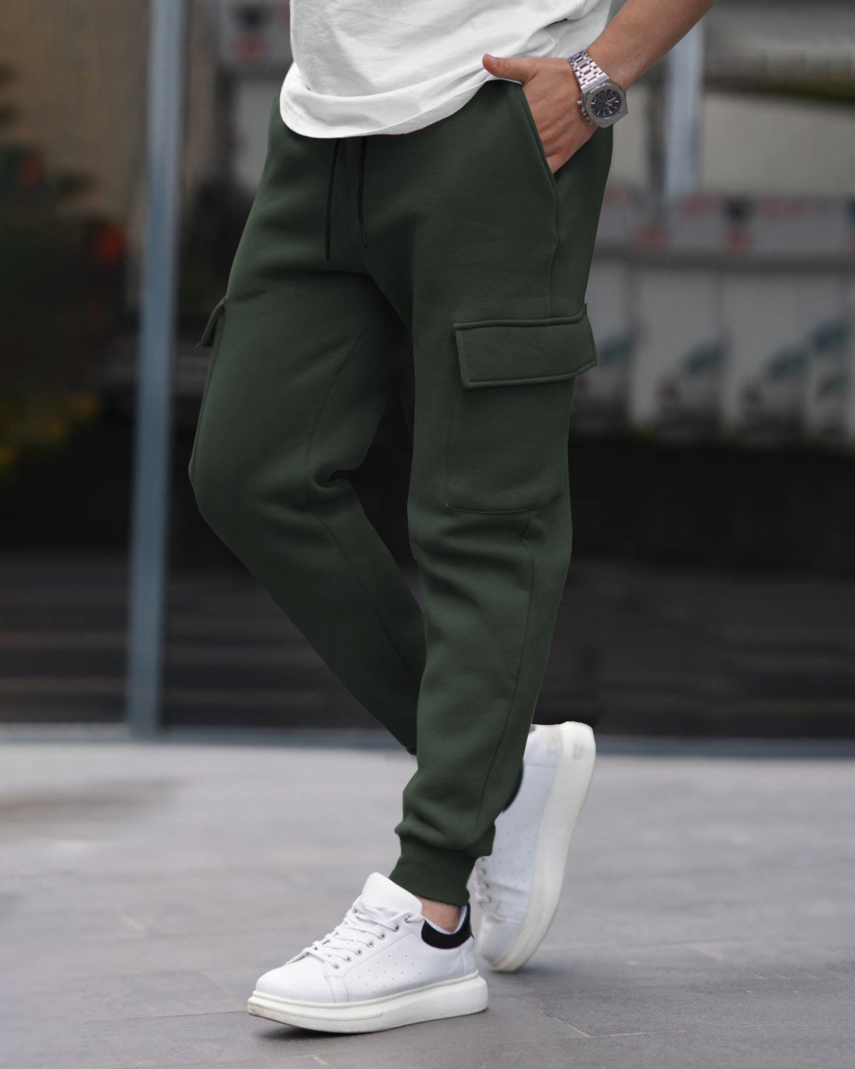 Olive Green Plain Cargo Joggers with Multi Pockets