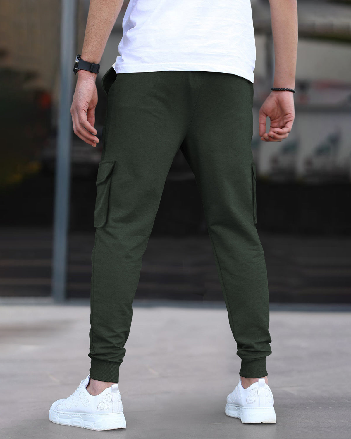 Olive Green Plain Cargo Joggers with Multi Pockets