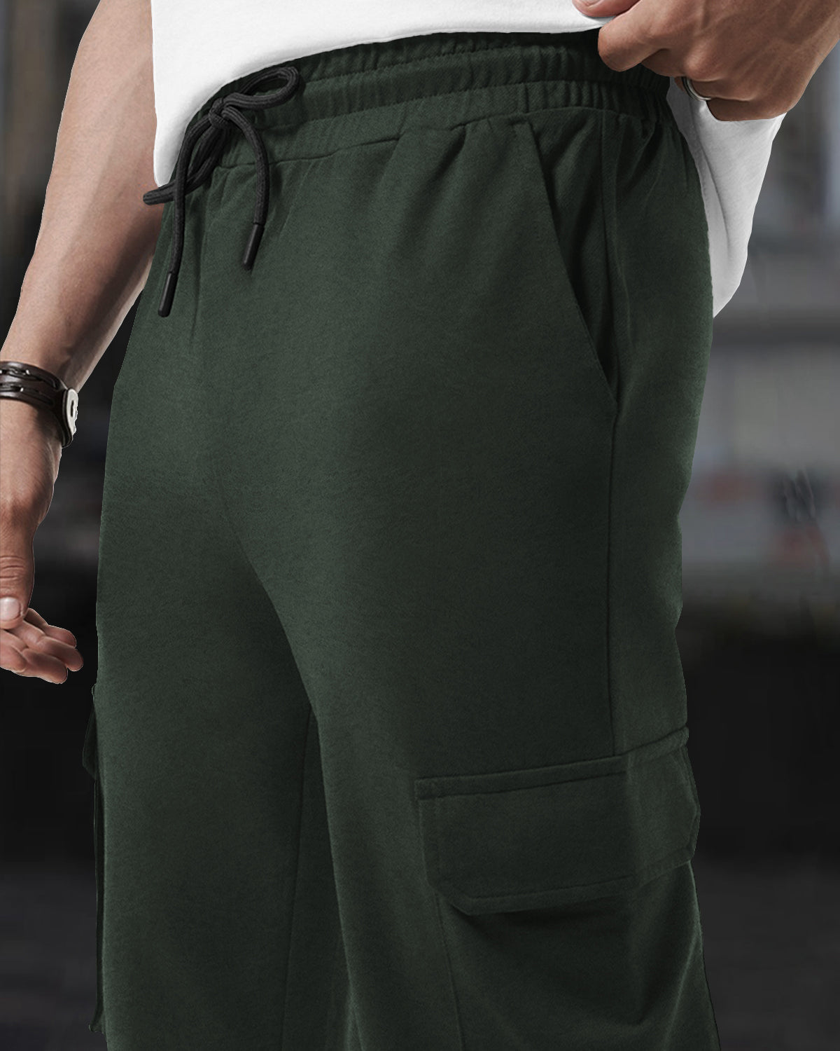 Olive Green Plain Cargo Joggers with Multi Pockets