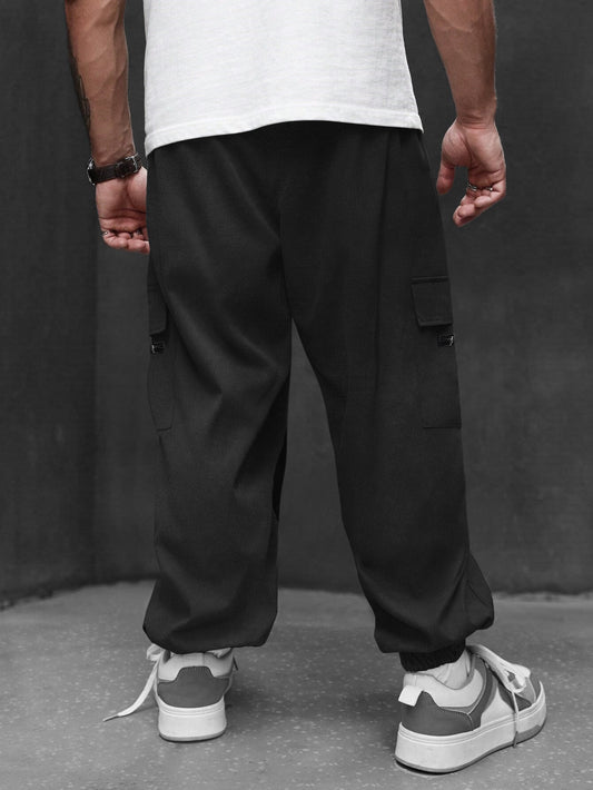 Black Cargo Joggers Baggy Fit Cuffed Ankle