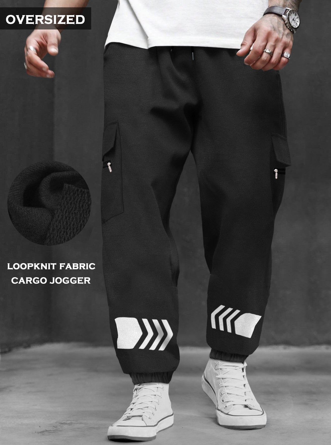 Black Cargo Joggers Baggy Fit Cuffed Ankle
