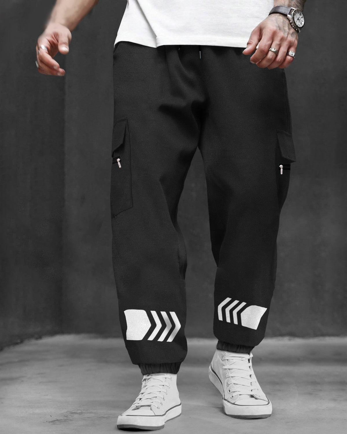 Black Cargo Joggers Baggy Fit Cuffed Ankle