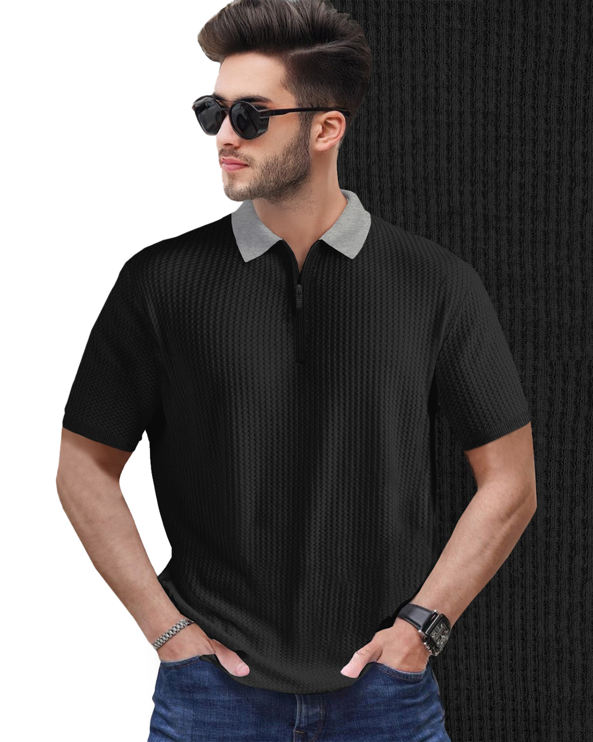Black Short Sleeve Polo Fit Waffle T Shirt