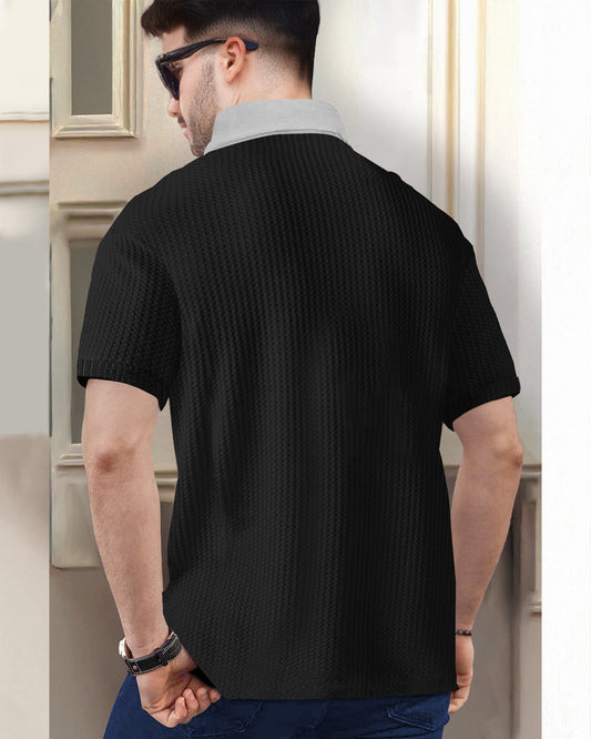 Black Short Sleeve Polo Fit Waffle T Shirt
