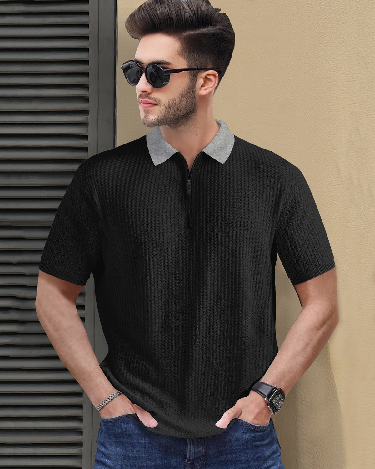 Black Short Sleeve Polo Fit Waffle T Shirt