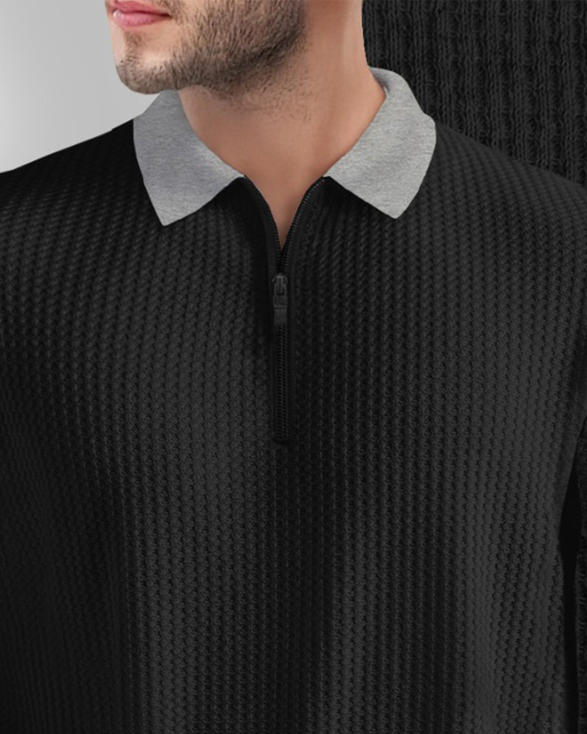 Black Short Sleeve Polo Fit Waffle T Shirt