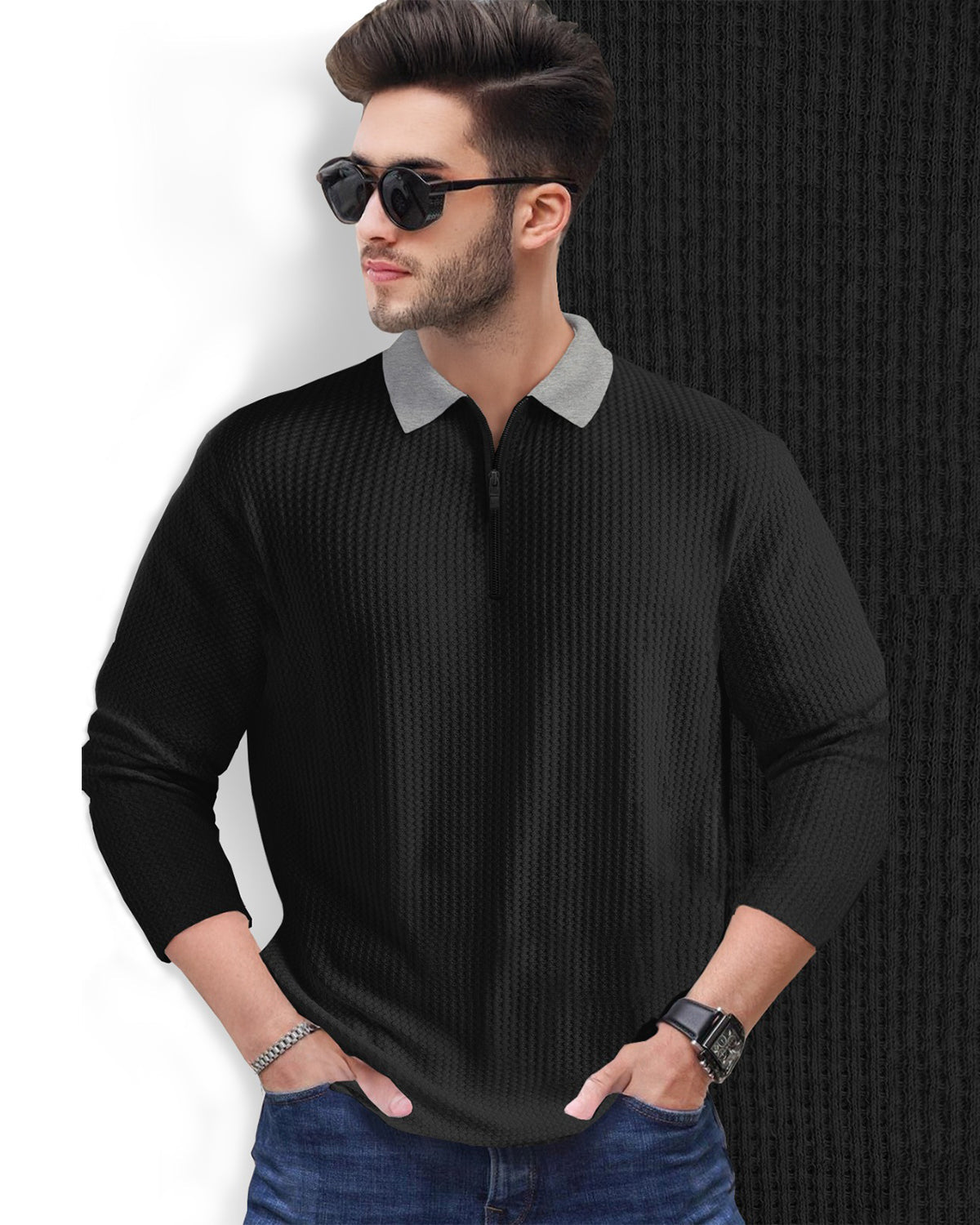 Long Sleeve Polo Fit Zip Waffle T Shirt in Black