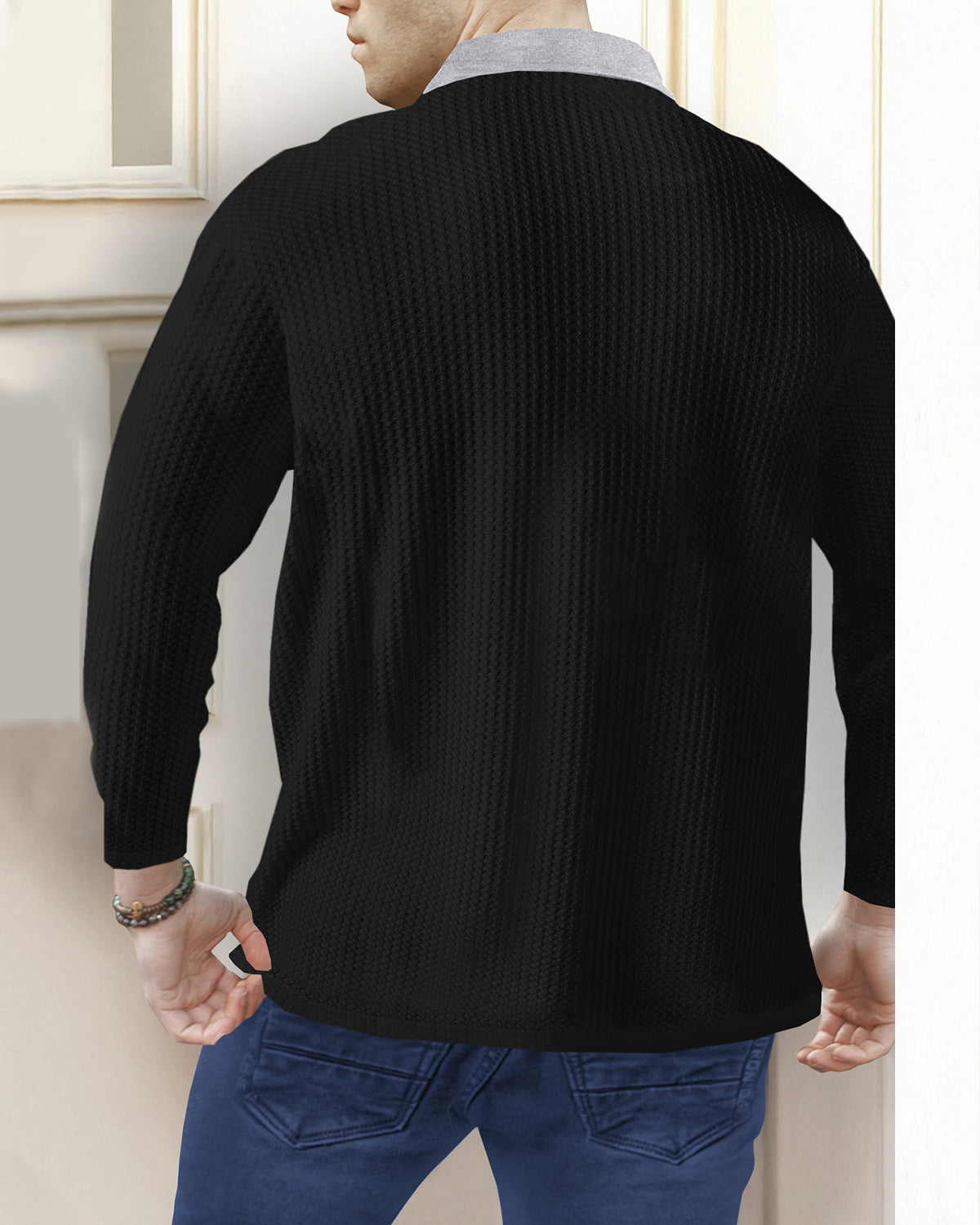 Long Sleeve Polo Fit Zip Waffle T Shirt in Black