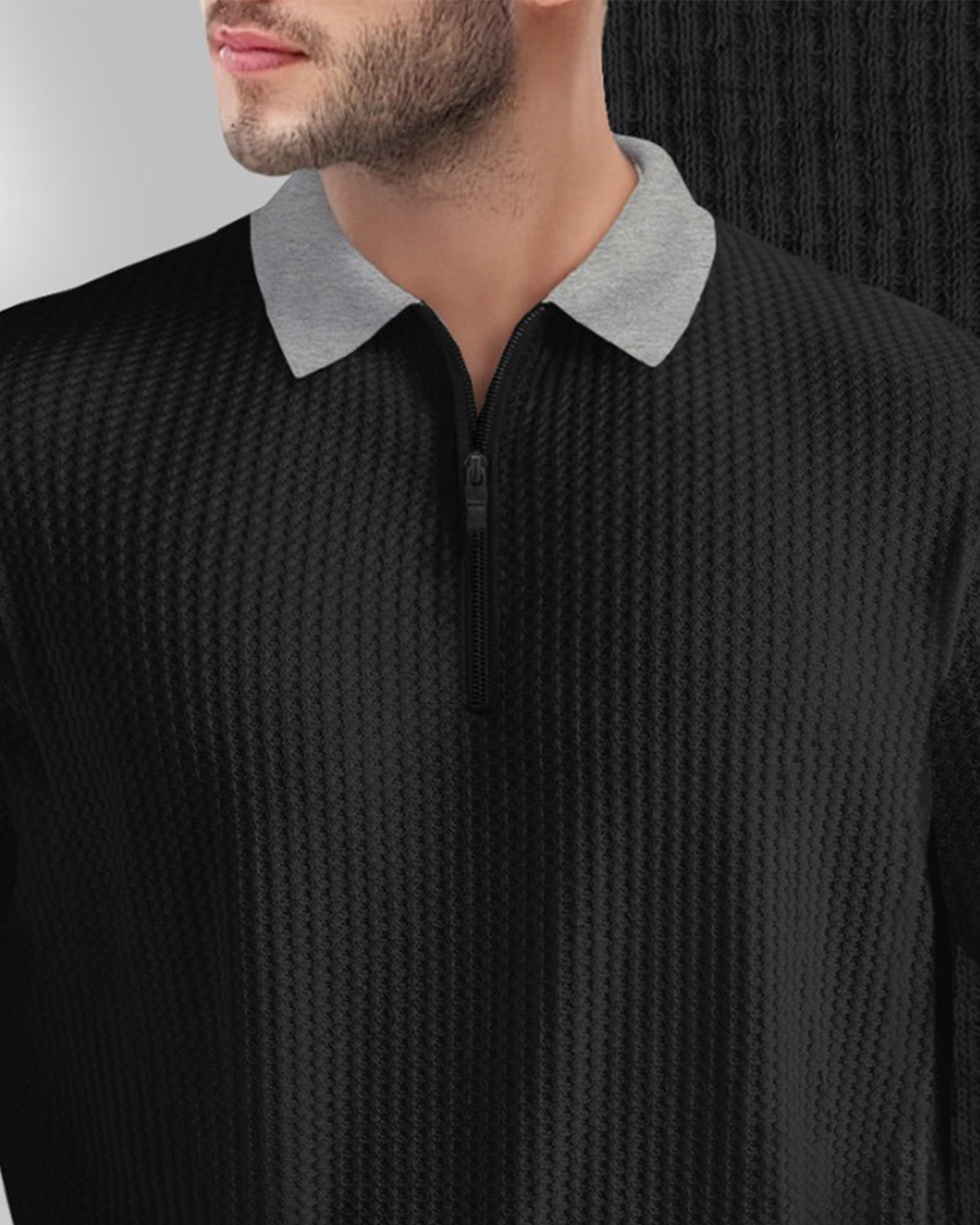 Long Sleeve Polo Fit Zip Waffle T Shirt in Black