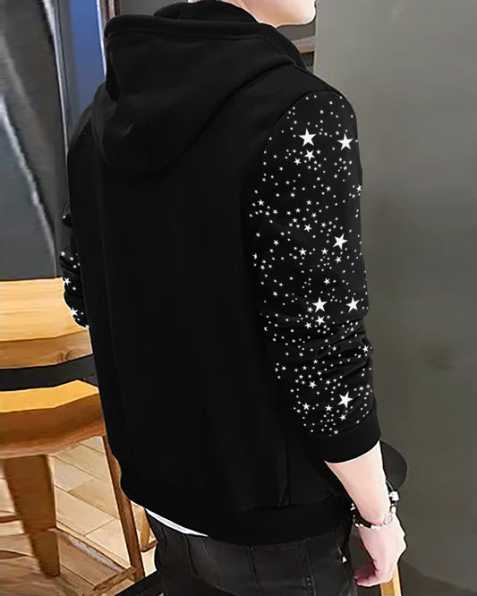 Black Hoodie Jacket with Star Print