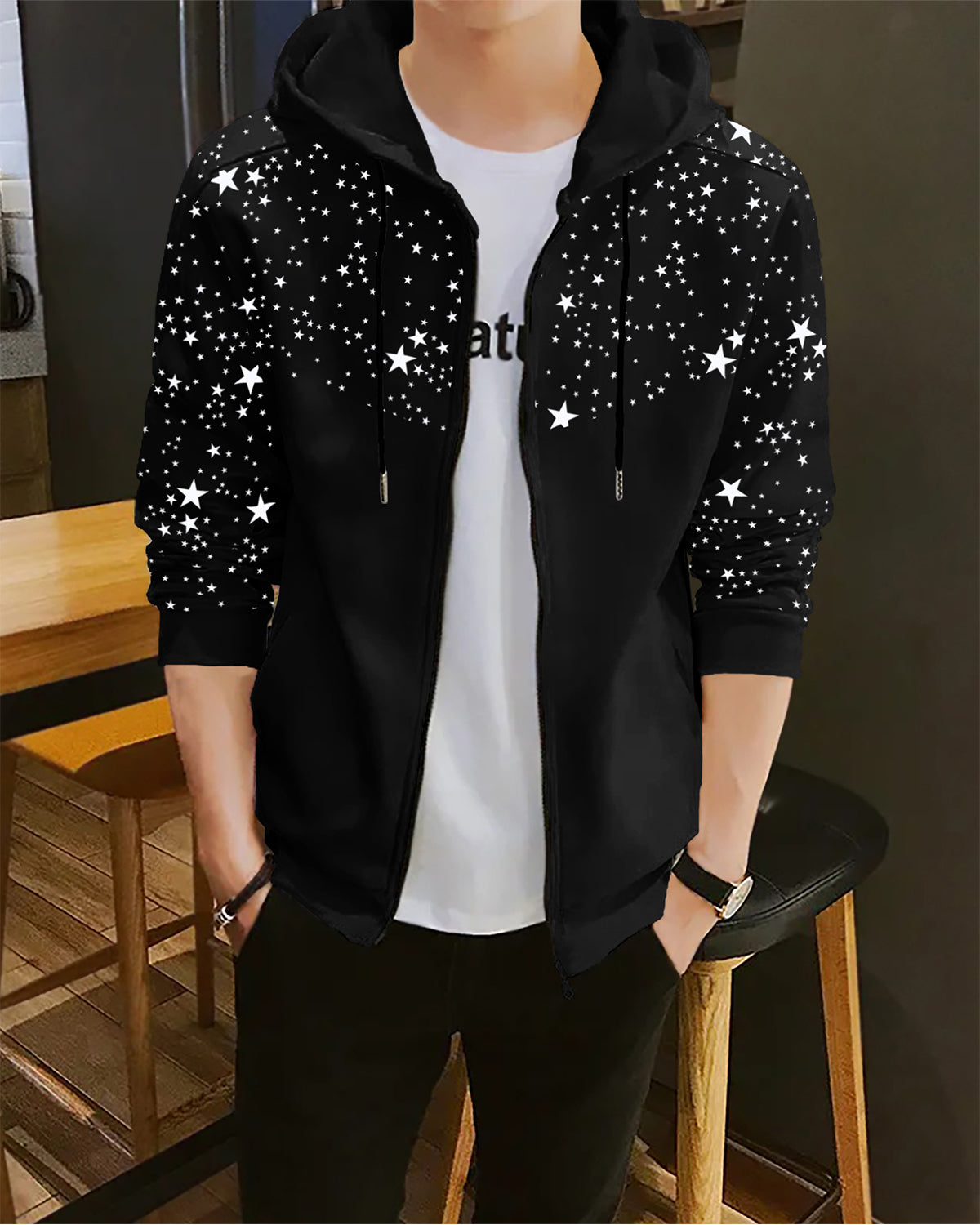 Black Hoodie Jacket with Star Print