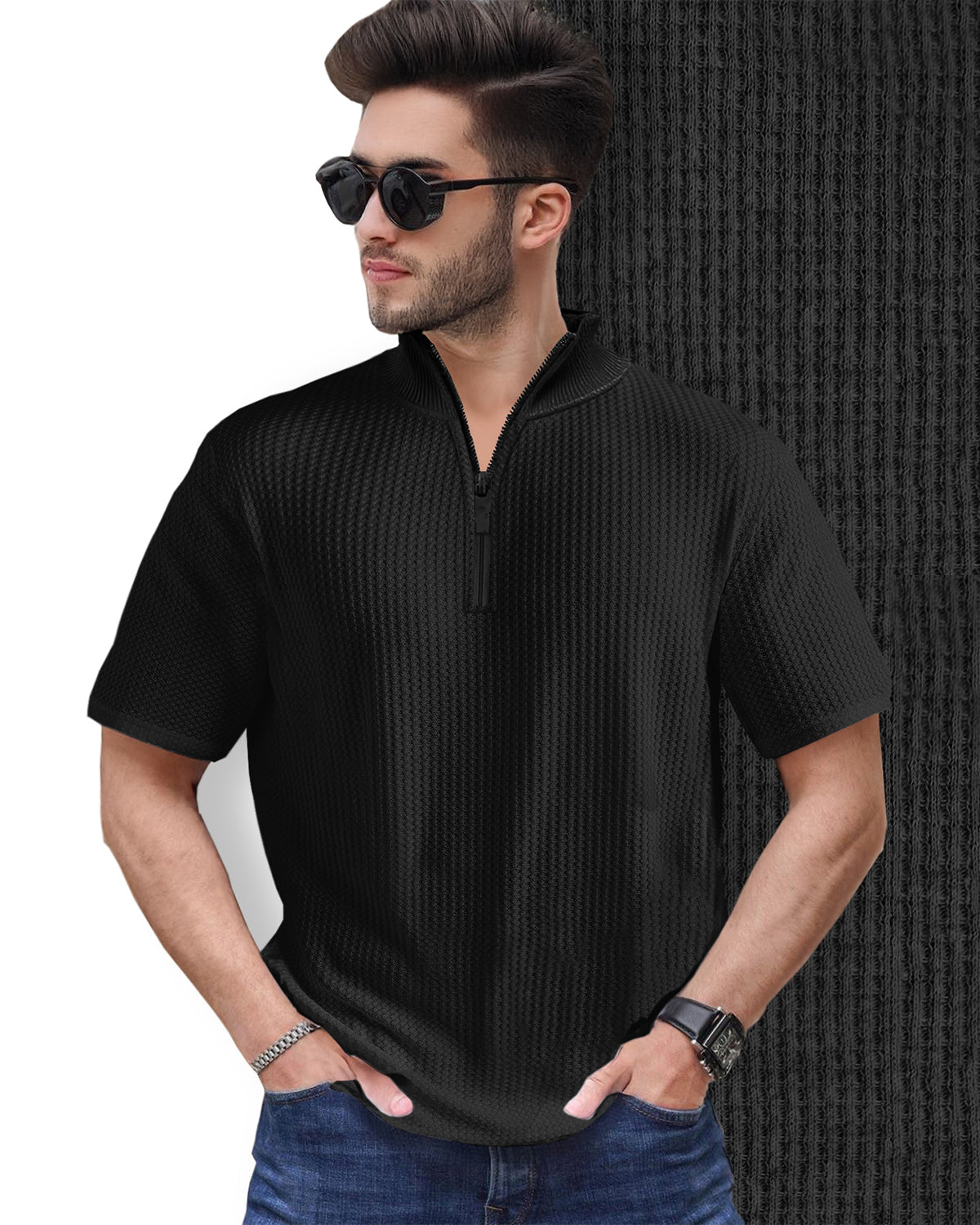 Black Waffle T Shirt Short Sleeve High Neck with Zipper