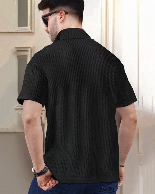 Black Waffle T Shirt Short Sleeve High Neck with Zipper