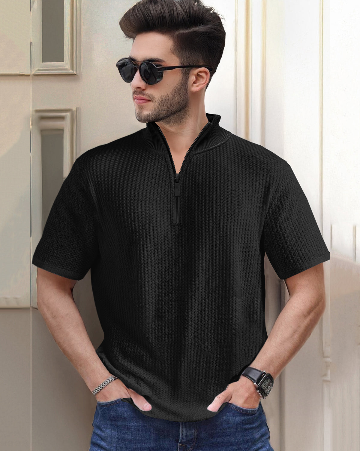 Black Waffle T Shirt Short Sleeve High Neck with Zipper