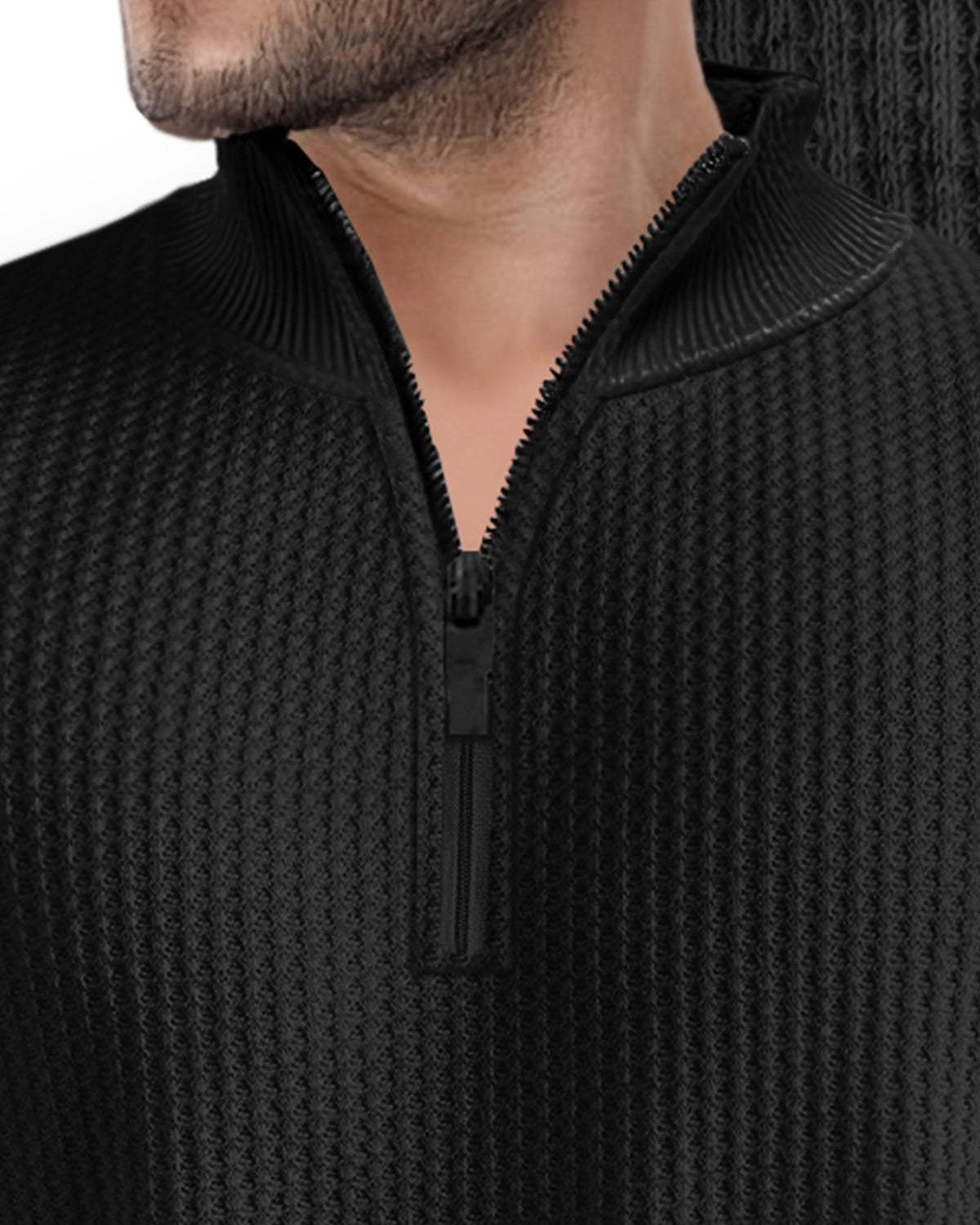 Black Waffle T Shirt Short Sleeve High Neck with Zipper