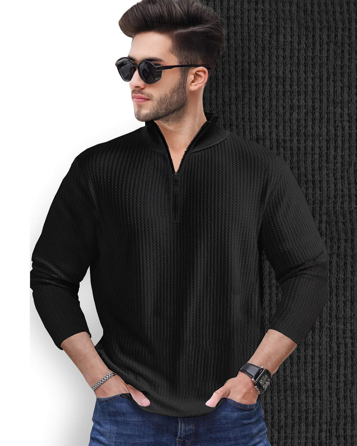 Waffle Long Sleeve High Neck Zipper T Shirt Black