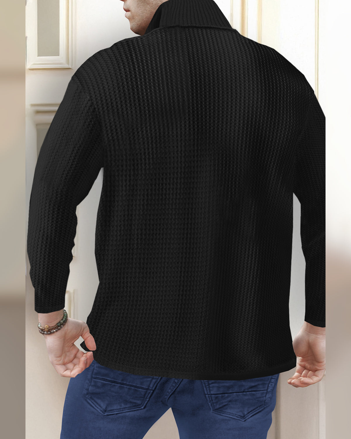 Waffle Long Sleeve High Neck Zipper T Shirt Black