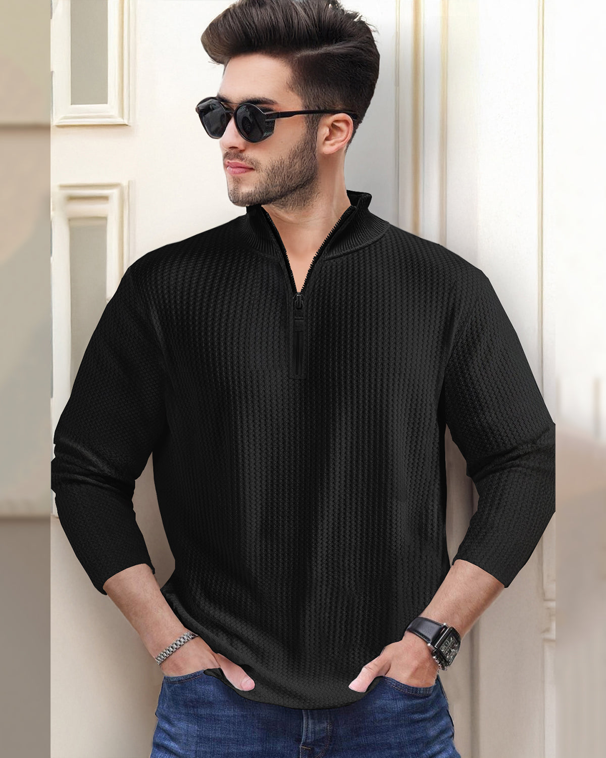 Waffle Long Sleeve High Neck Zipper T Shirt Black